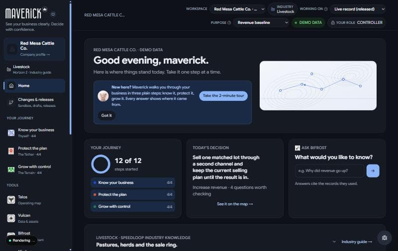The Maverick Console home screen, shown with demo data for a sample company