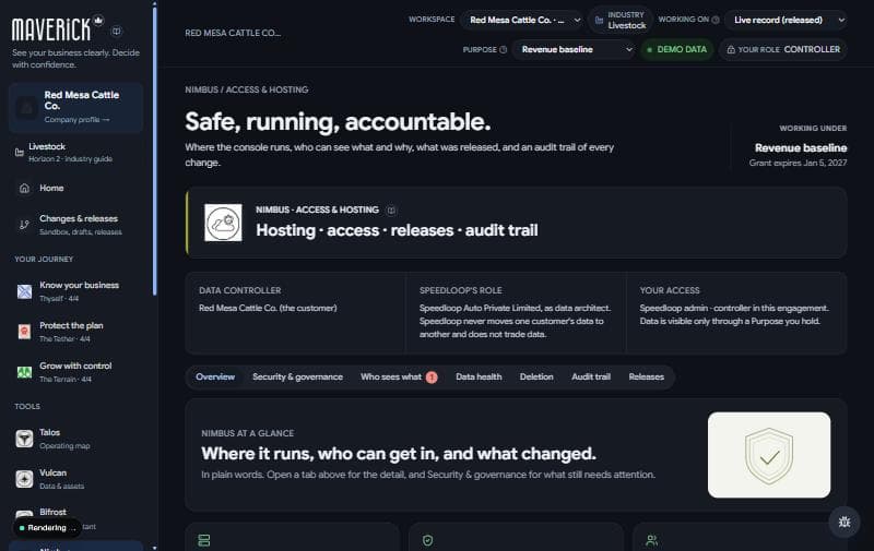 The Nimbus access and hosting screen in the Maverick Console, shown with demo data